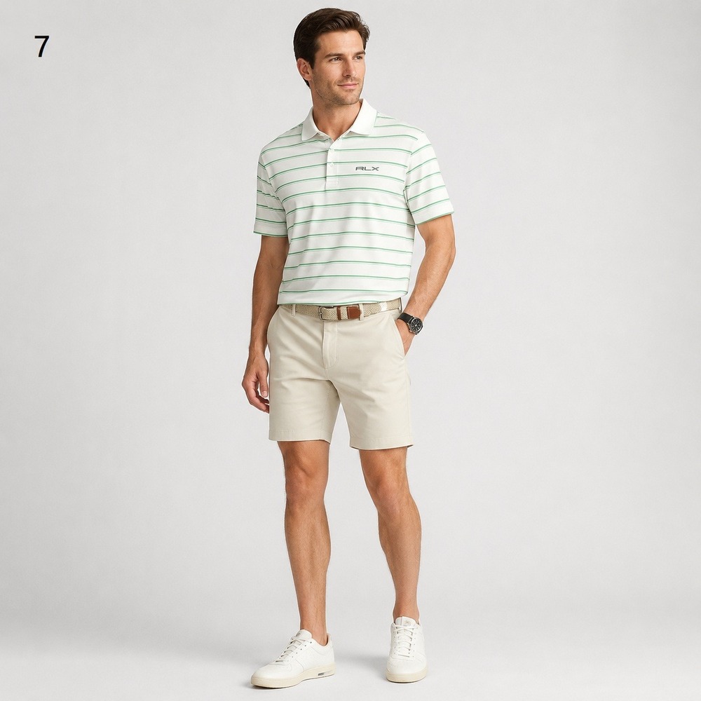 RLX Ralph Lauren Golf Polo Shirt Mens Large White Green Stripe Polyester HOLE